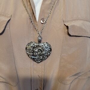 Rose heart silver plated oversized costume necklace with jewels